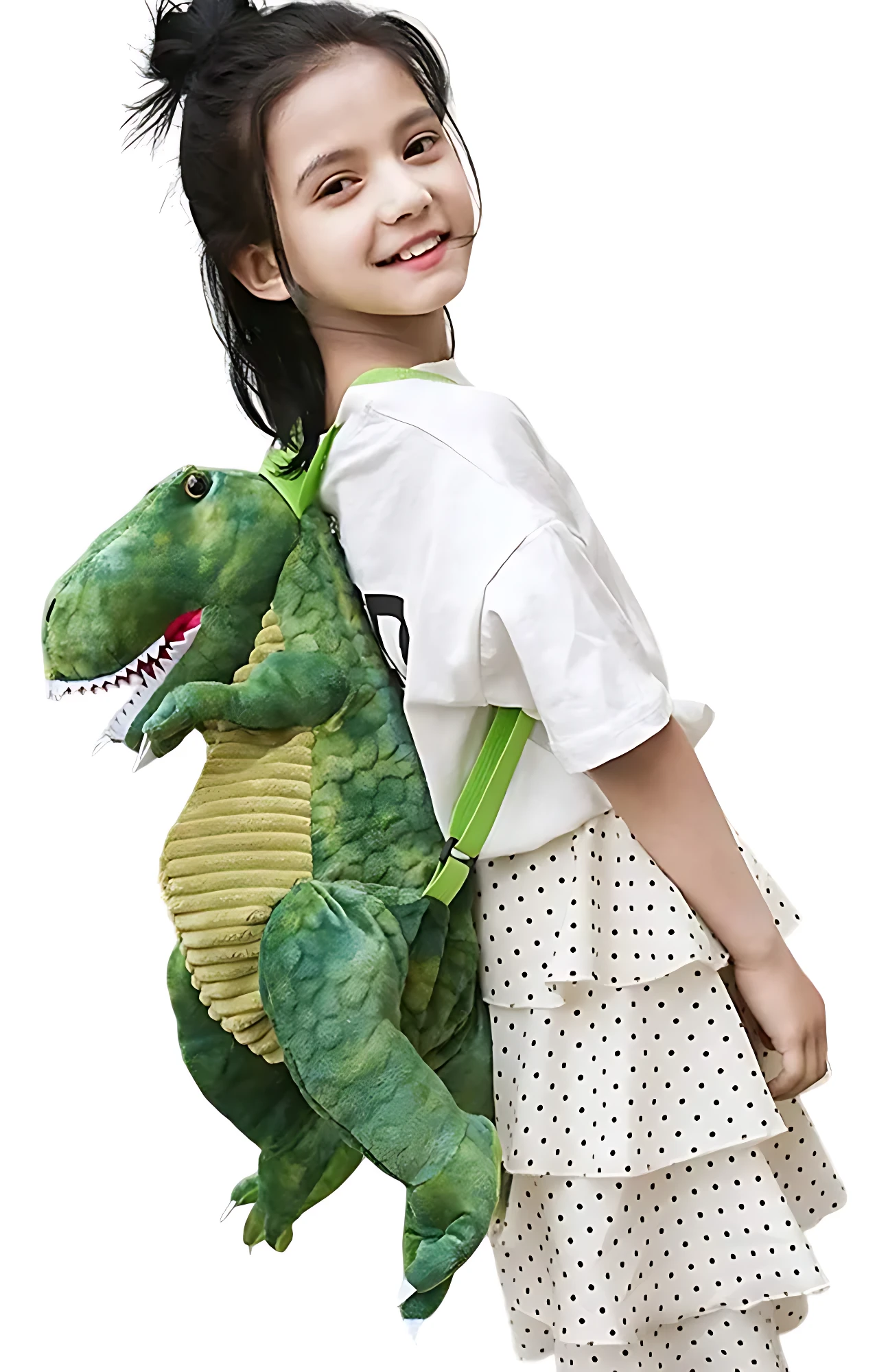 Mochila de dinosaurio T-Rex verde con textura realista, usada por niña de pie, ideal para transporte escolar y aventuras diarias.