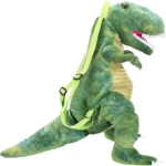 Mochila T-Rex verde con textura de escamas, cierre seguro y correas ergonómicas para transporte escolar.