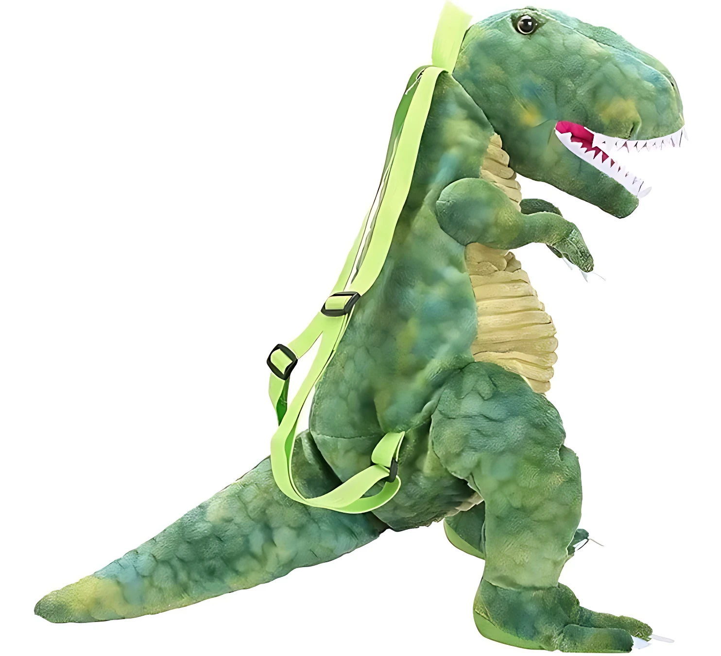 Mochila T-Rex verde con textura de escamas, cierre seguro y correas ergonómicas para transporte escolar.
