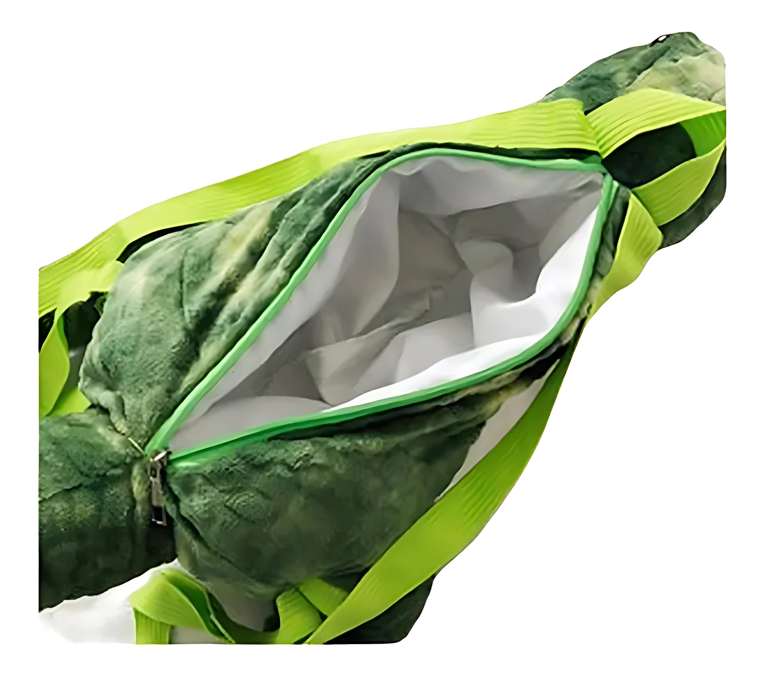 Mochila T-Rex verde con cierre abierto, mostrando interior blanco y correas ajustables.