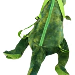 Mochila T-Rex verde con textura de piel de dinosaurio, cierre frontal con cremallera y correas ajustables para uso escolar.