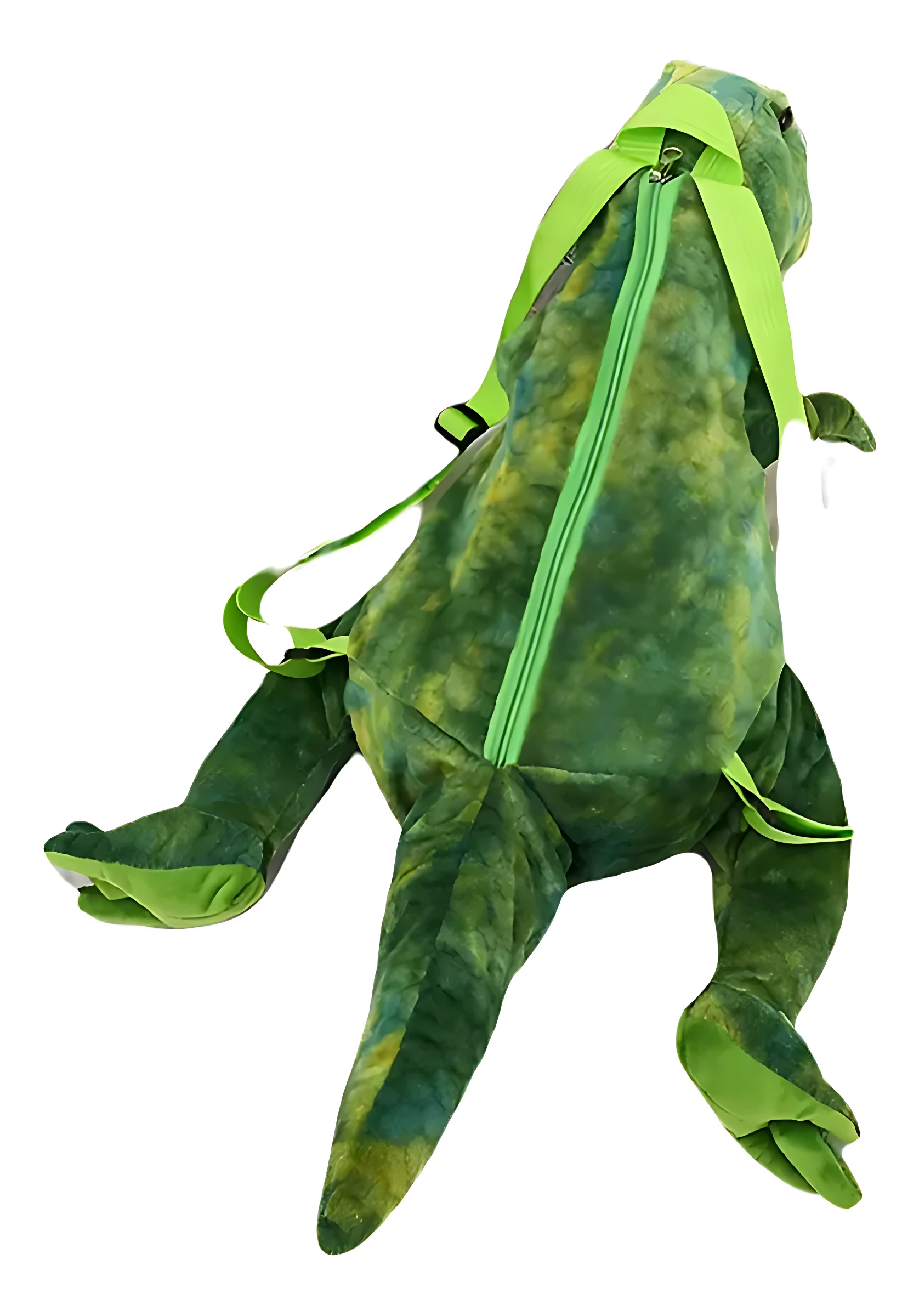 Mochila T-Rex verde con textura de piel de dinosaurio, cierre frontal con cremallera y correas ajustables para uso escolar.