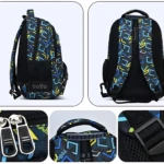 Maleta escolar Totto con diseño geométrico azul y amarillo, vista trasera y detalles de cierres y asa.