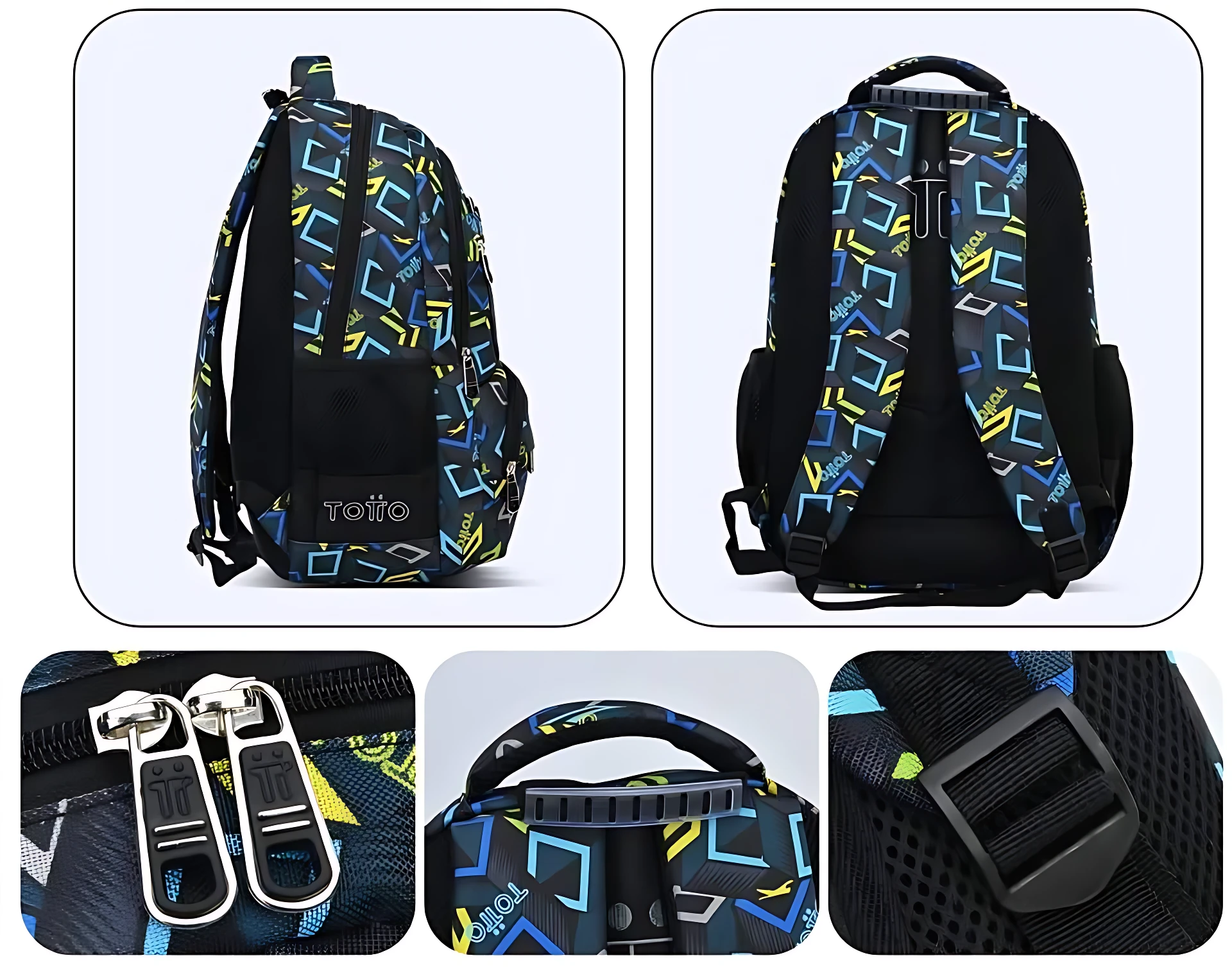 Maleta escolar Totto con diseño geométrico azul y amarillo, vista trasera y detalles de cierres y asa.