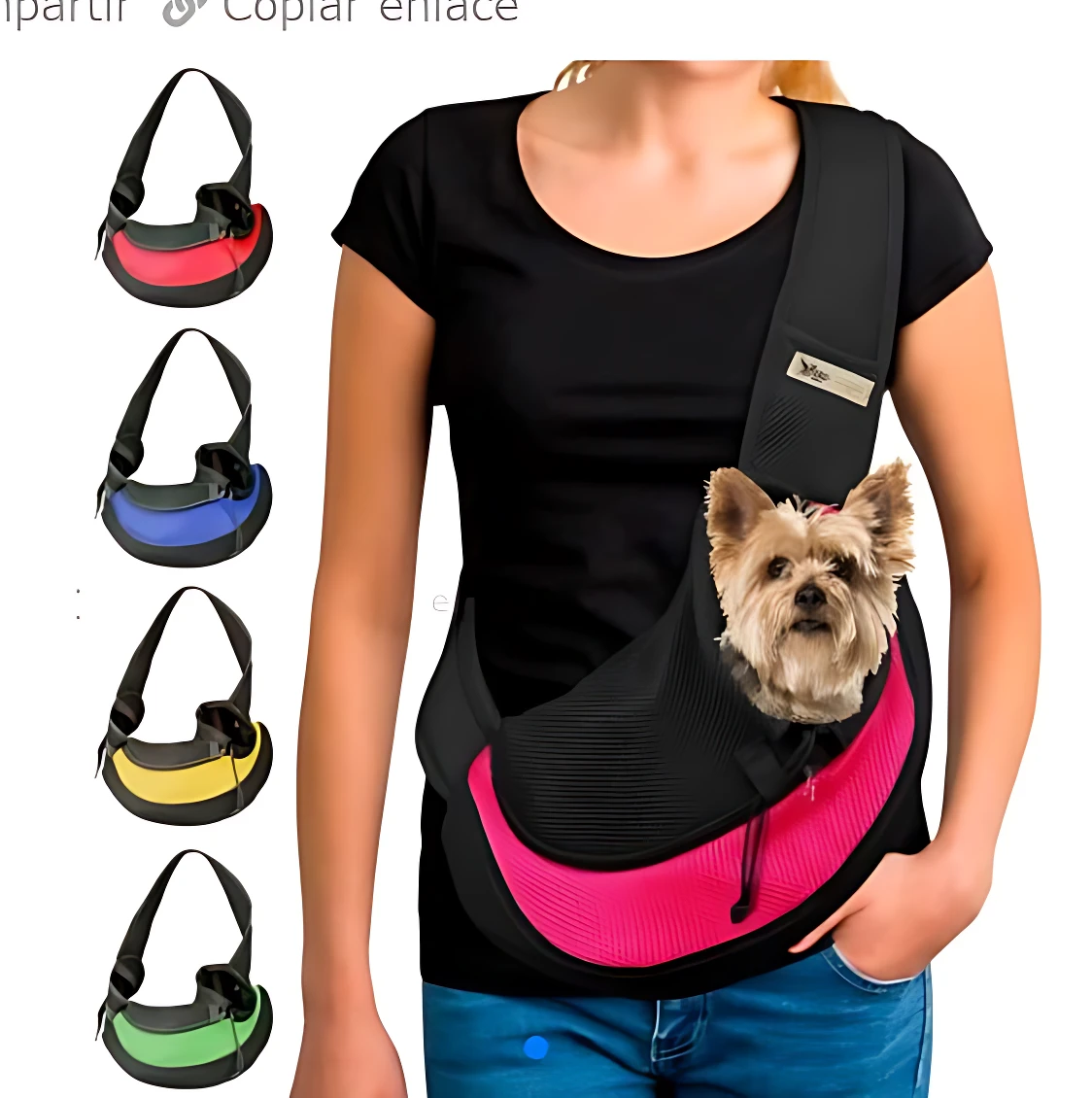 Mujer usando mochila para perro pequeña en color rosa con panel acolchado y correa ajustable; incluye variante azul, roja, amarilla y verde a la izquierda.