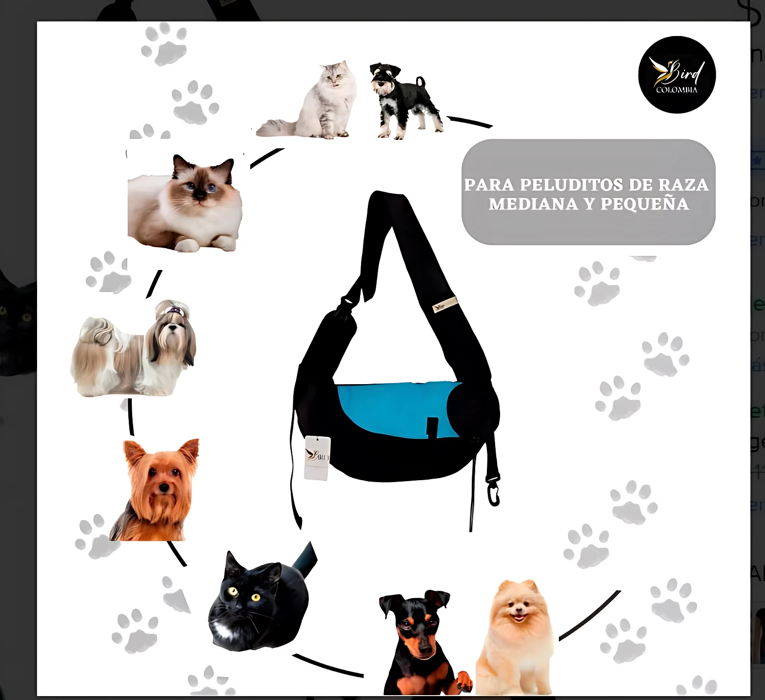 Mochila negra con panel azul para mascotas pequeñas, con correas ajustables y diseño ergonómico, acompañada de fotos de perros y gatos de razas medianas y pequeñas.