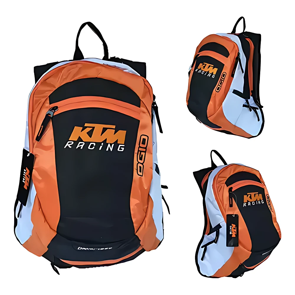 Mochila KTM Racing en naranja, negro y blanco, con logotipo visible y diseño deportivo. Muestra tres ángulos: frontal, lateral y trasero.
