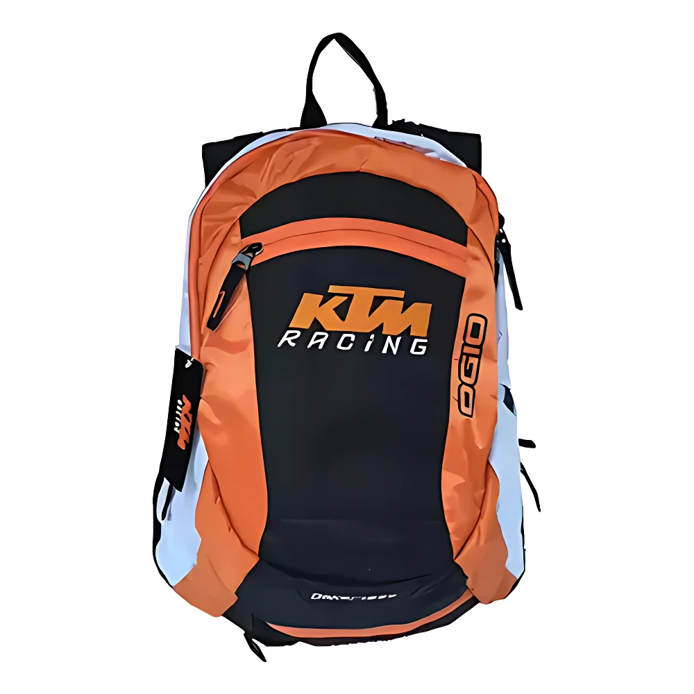 Mochila KTM Racing en naranja, negro y blanco, con logo visible y detalles reflectantes. Ideal para uso deportivo o diario.