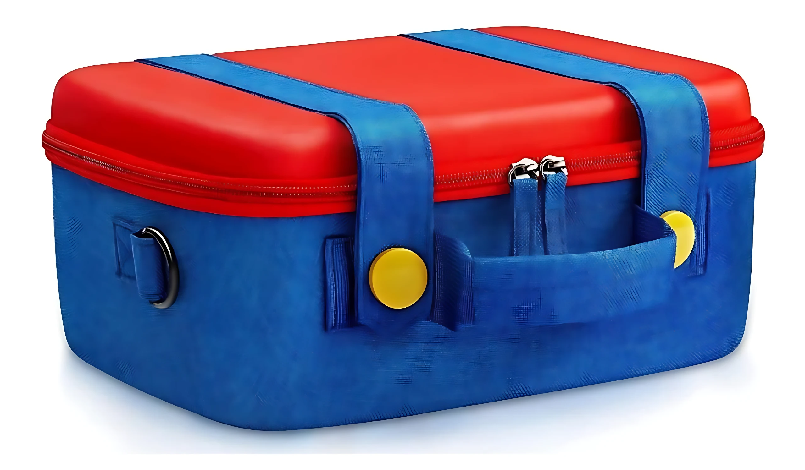 Maleta organizadora para Nintendo Switch en diseño Mario, con tapa roja y cuerpo azul, asas laterales y cierre frontal amarillo.