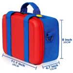 Maleta organizadora para Nintendo Switch en rojo y azul, con medidas de 11.1 pulgadas de ancho, 8 pulgadas de alto y 4.7 pulgadas de profundidad, ideal para transporte seguro.