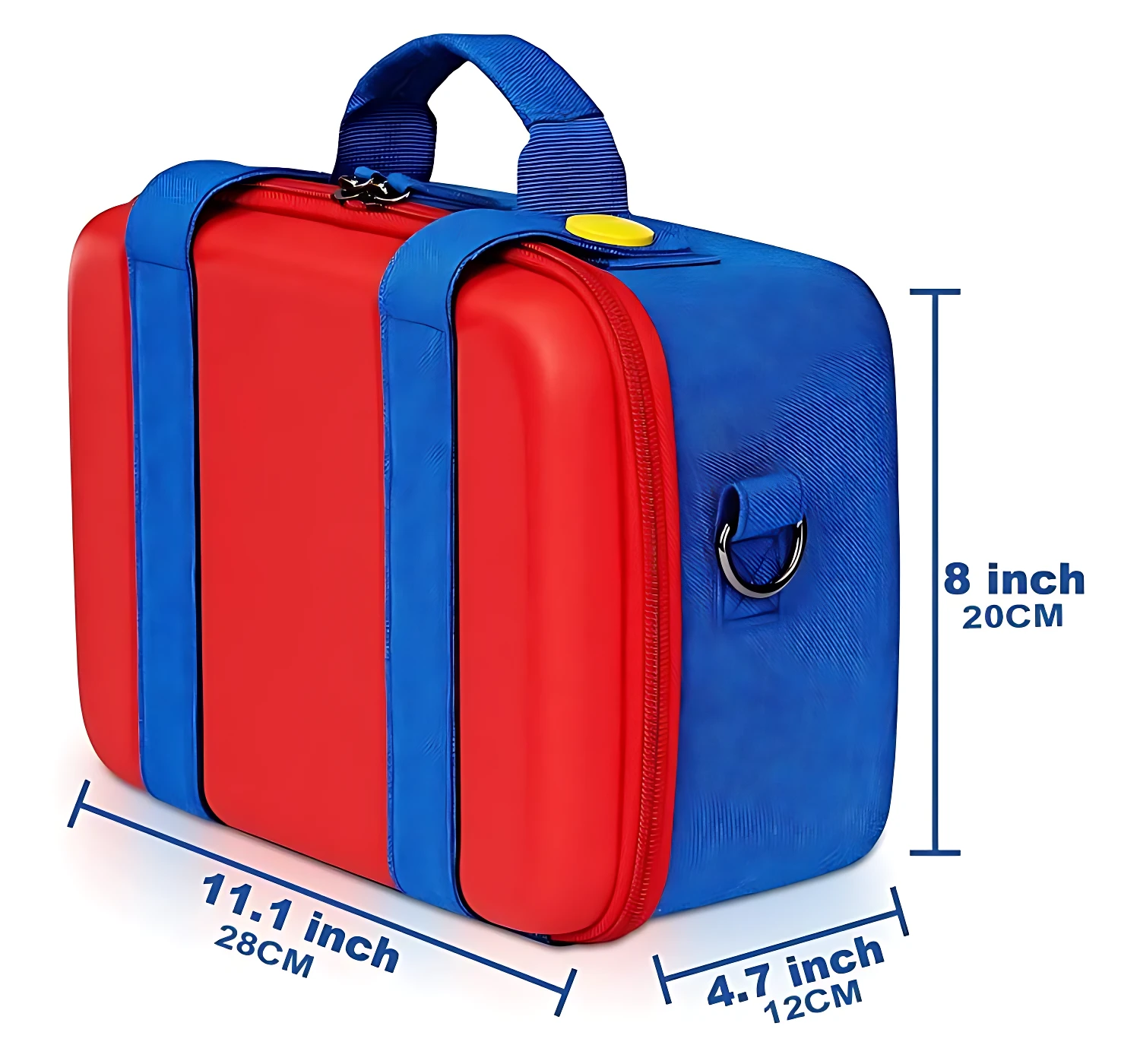 Maleta organizadora para Nintendo Switch en rojo y azul, con medidas de 11.1 pulgadas de ancho, 8 pulgadas de alto y 4.7 pulgadas de profundidad, ideal para transporte seguro.