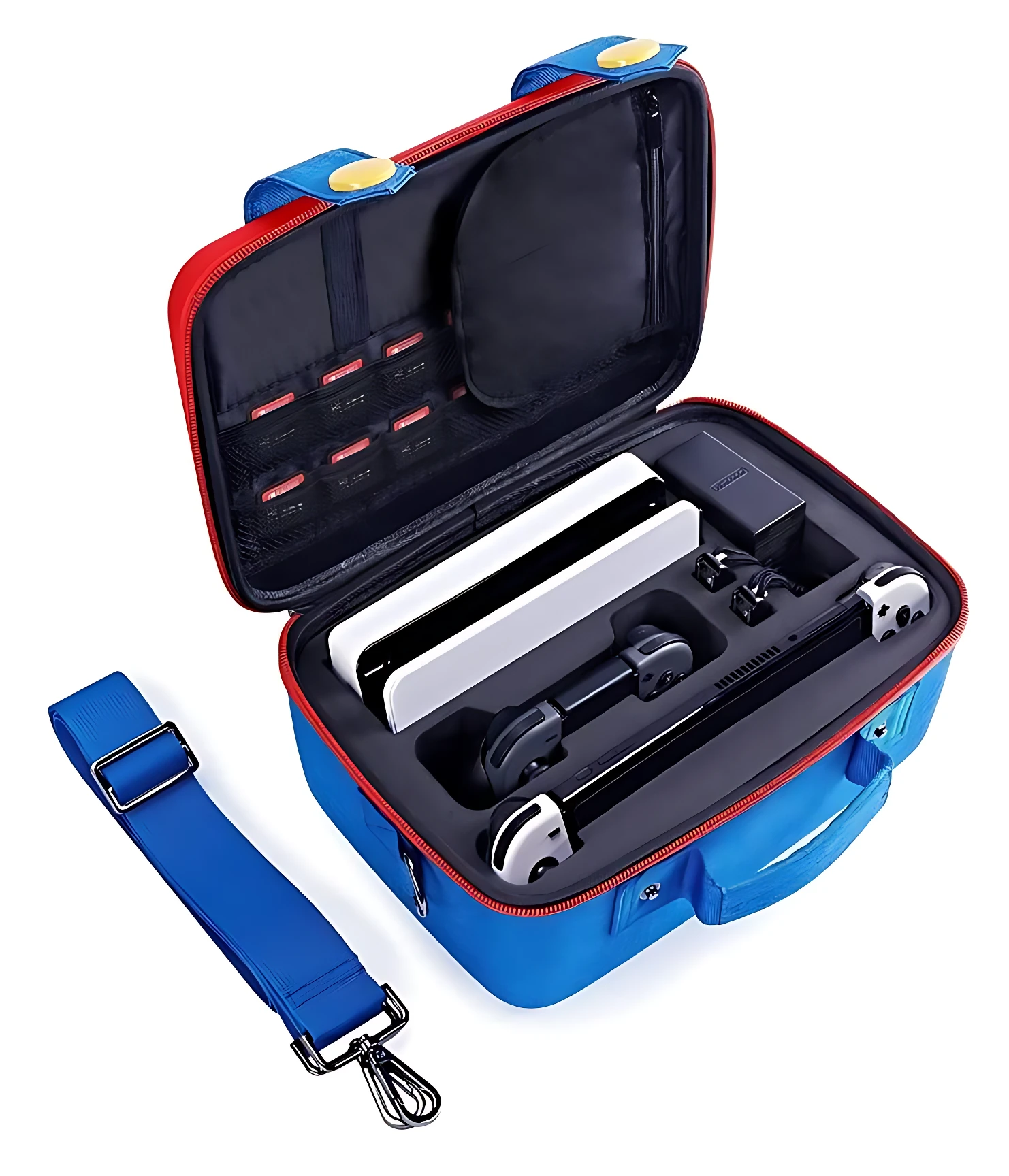 Maleta azul con interior acolchado EVA, abierta mostrando consola Nintendo Switch, controles Joy-Con, dock y accesorios organizados en compartimentos. Incluye correa de transporte.