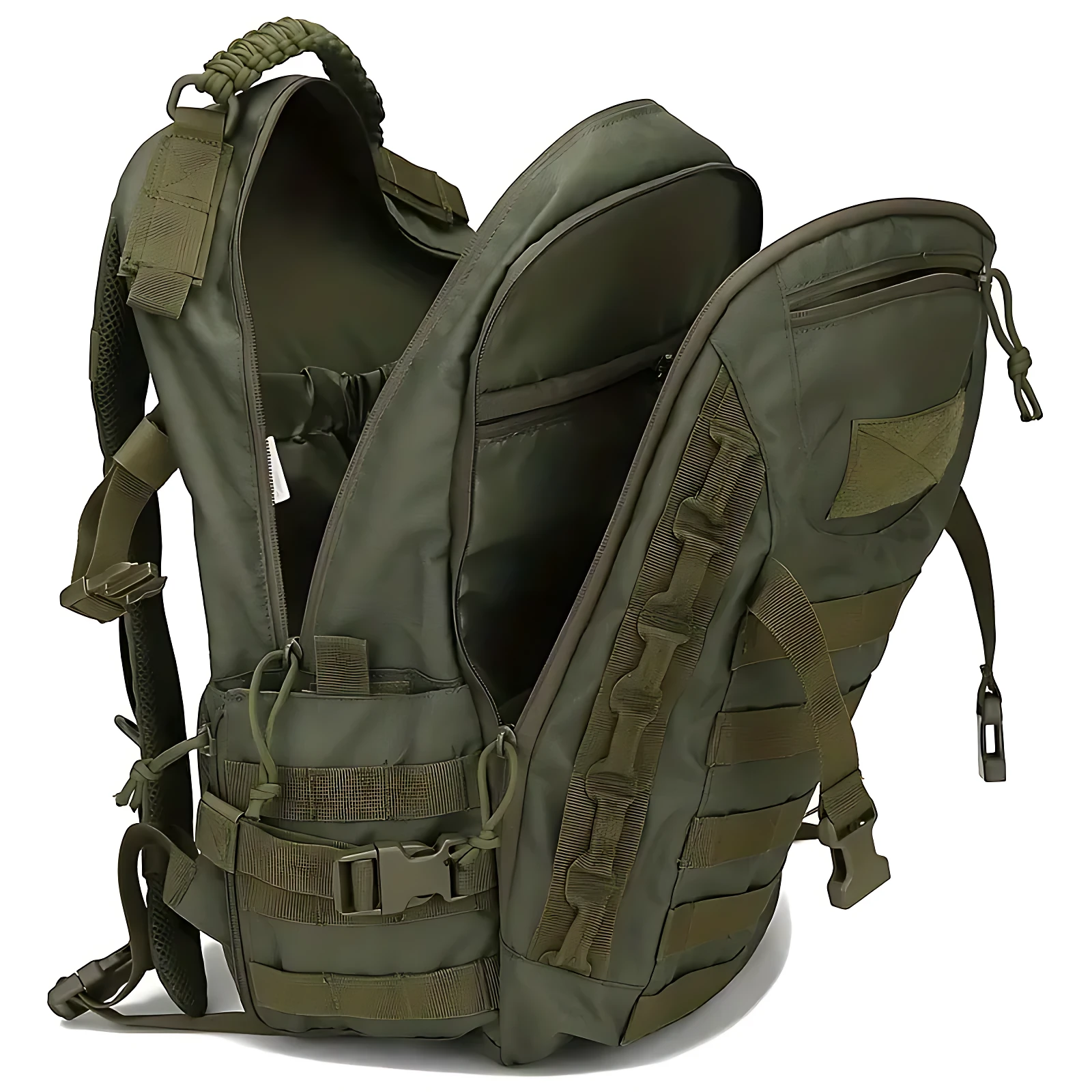 Mochila táctica verde oliva de 40 litros en nylon 600D, vista trasera con sistema MOLLE visible y correas ajustables.