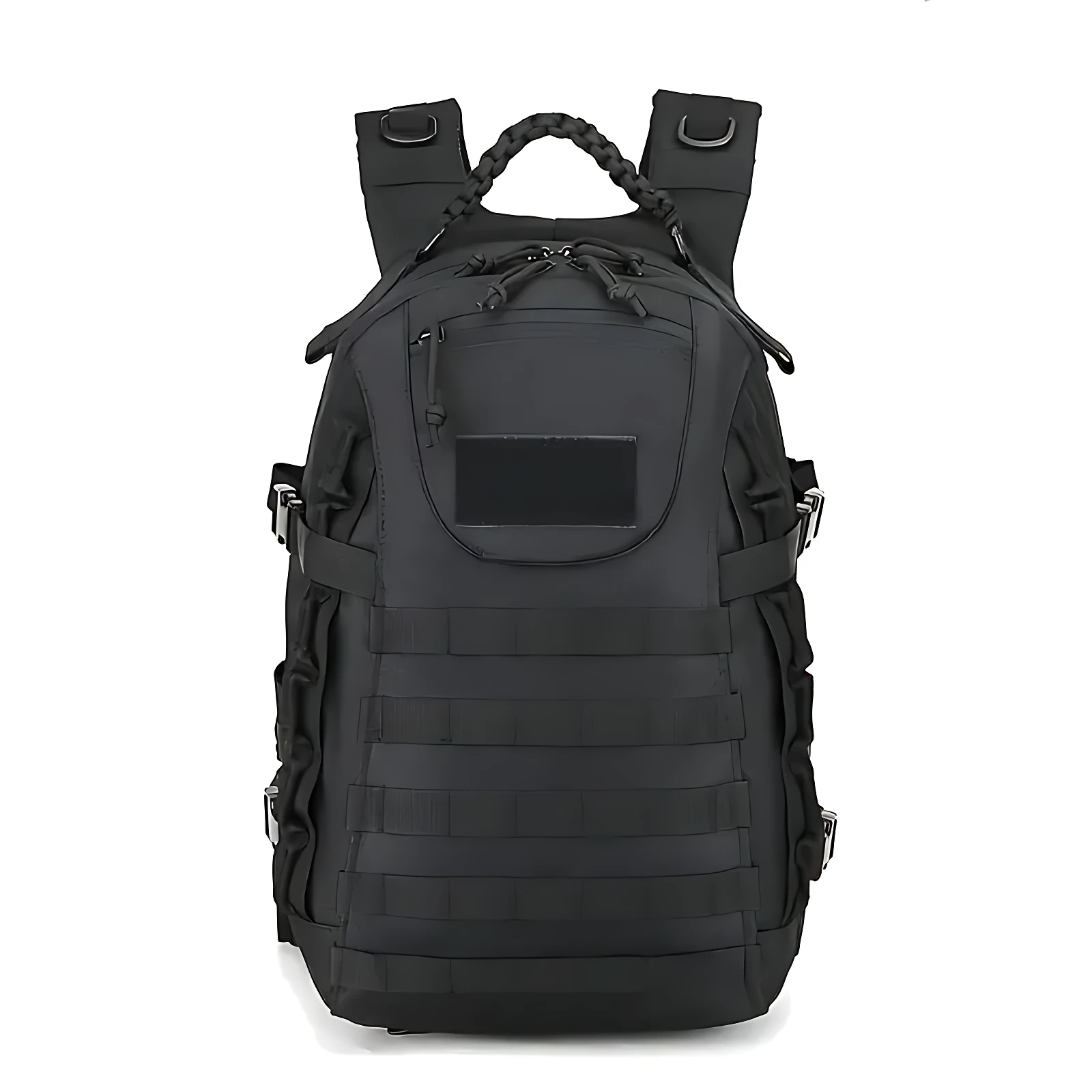Mochila táctica negra con sistema MOLLE, diseño robusto y múltiples compartimentos para transporte de equipo.