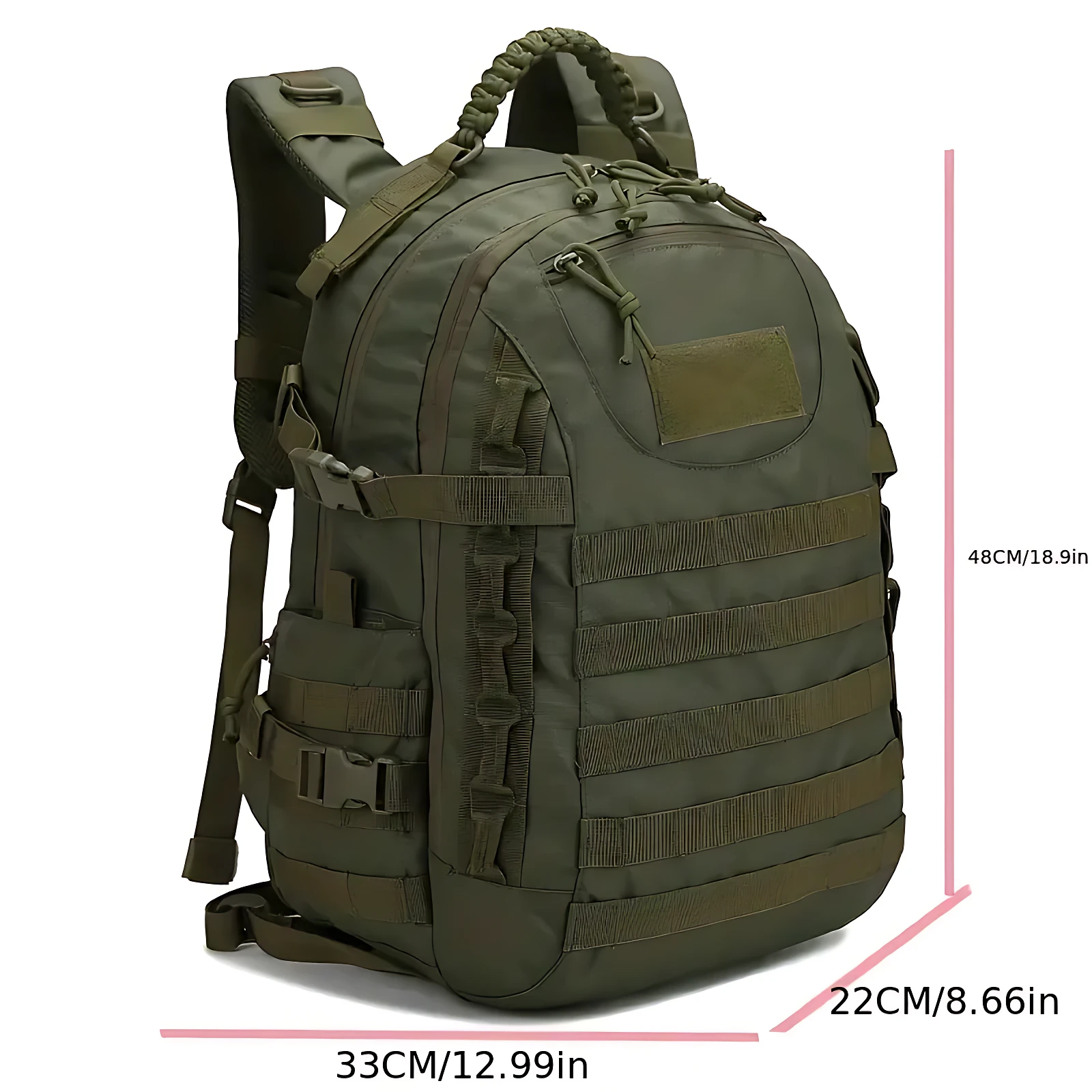 Mochila táctica verde oliva con sistema MOLLE, medidas 33x22x48 cm, ideal para transporte de equipo esencial.
