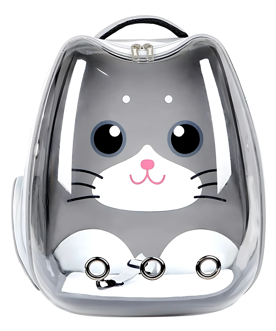 Maleta tipo cápsula transparente con diseño de gato gris y blanco, asa superior y tres anillos metálicos en la base.