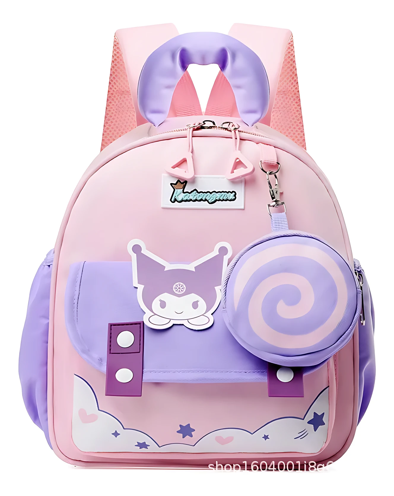 Mochila escolar infantil en rosa y lila con estampado de personaje y accesorios, ideal para niños.