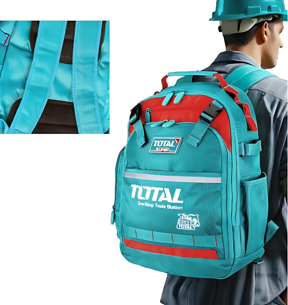 Mochila industrial azul turquesa con detalles rojos, usada por trabajador con casco. Muestra panel trasero acolchado y logotipos de marca. Ideal para transporte de herramientas pesadas.