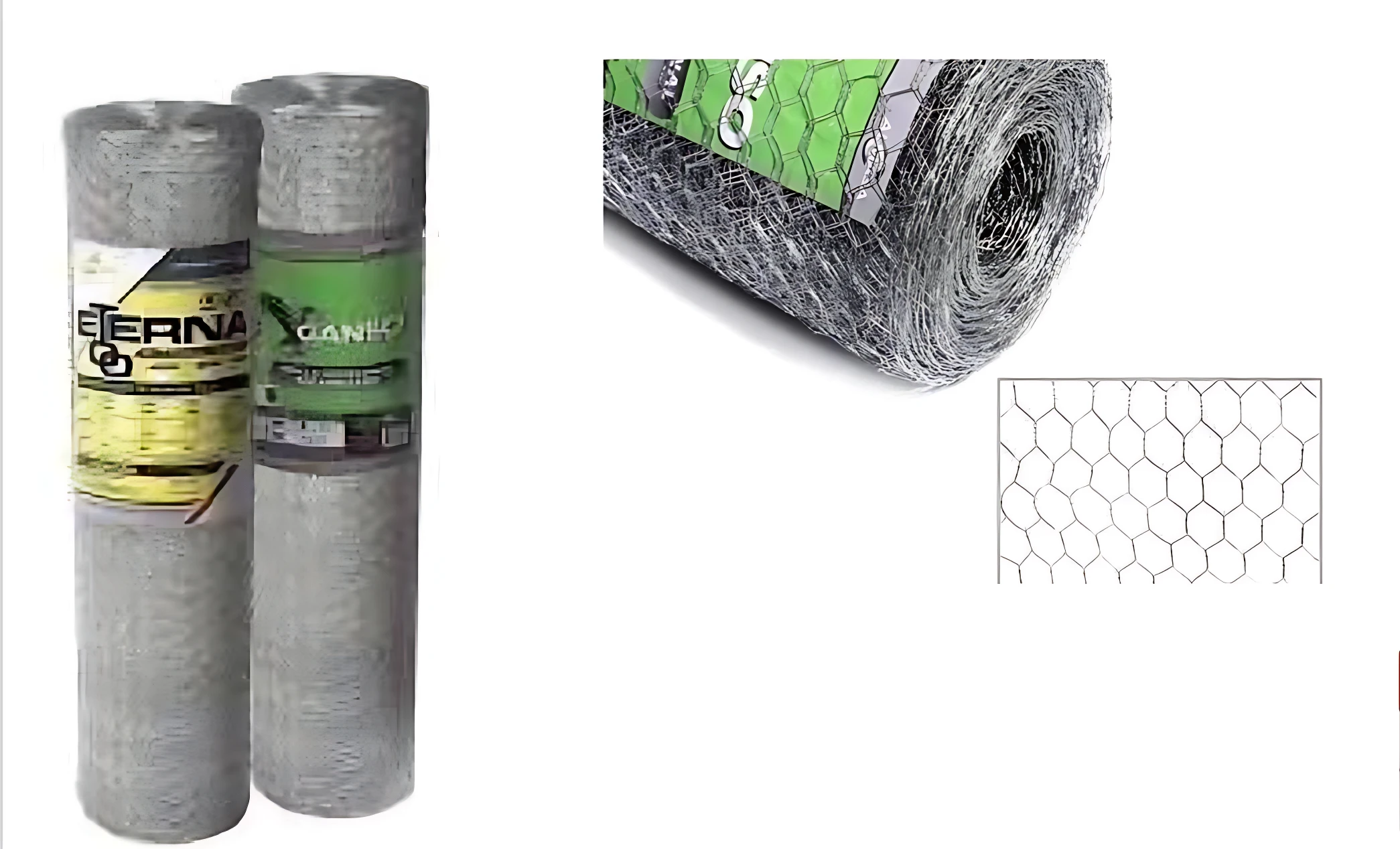 Malla metálica hexagonal galvanizada en rollo, con etiquetas amarilla y verde. Se muestra el desenrollado parcial y el patrón de malla.