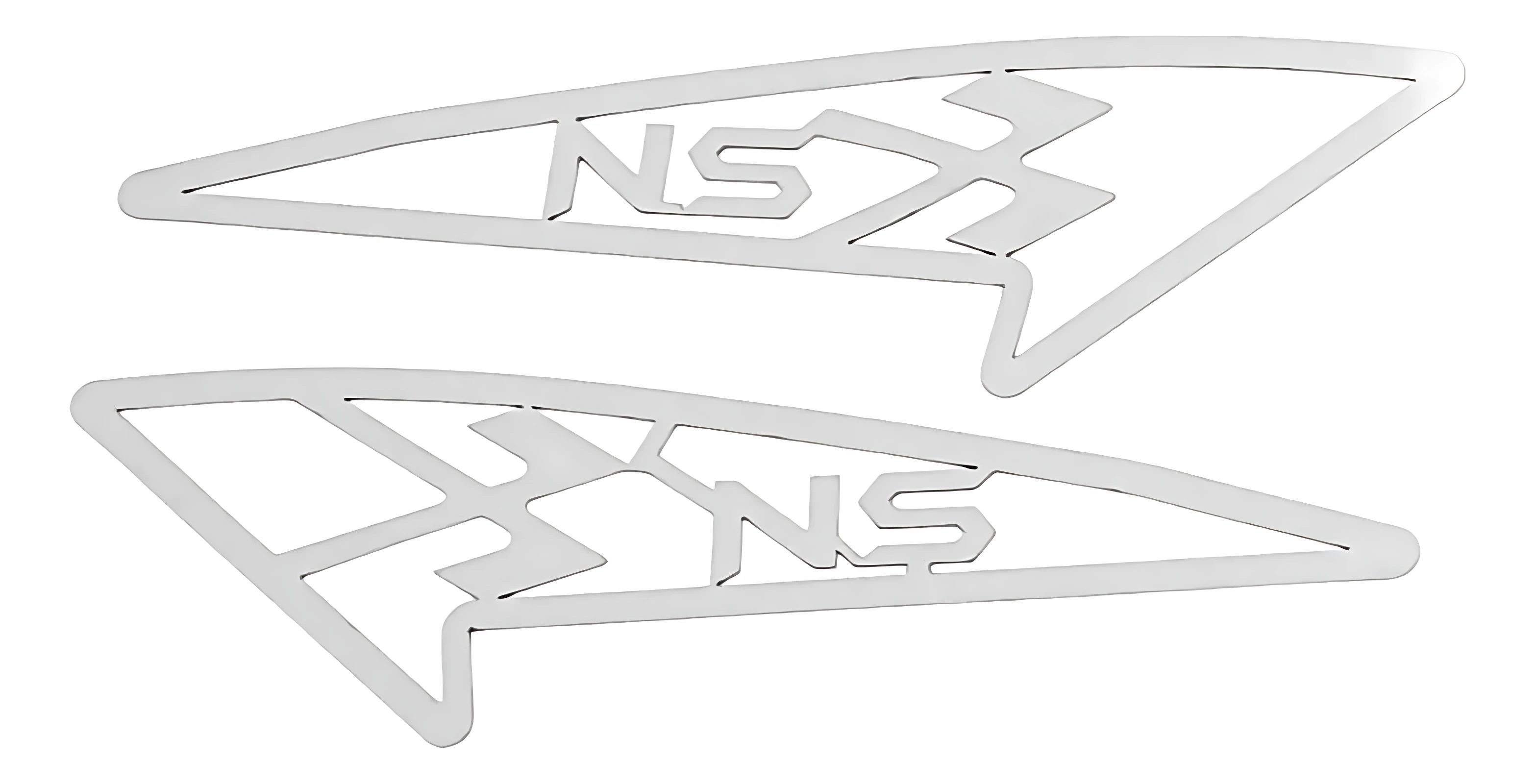 Dos mallas laterales de acero inoxidable para Yamaha NMAX 200, con diseño triangular y logo NS grabado en relieve.