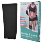 Manga de compresión con gel frío-caliente, color negro, mostrada junto a su empaque que indica uso para brazos y piernas, con de mujer usando el producto.