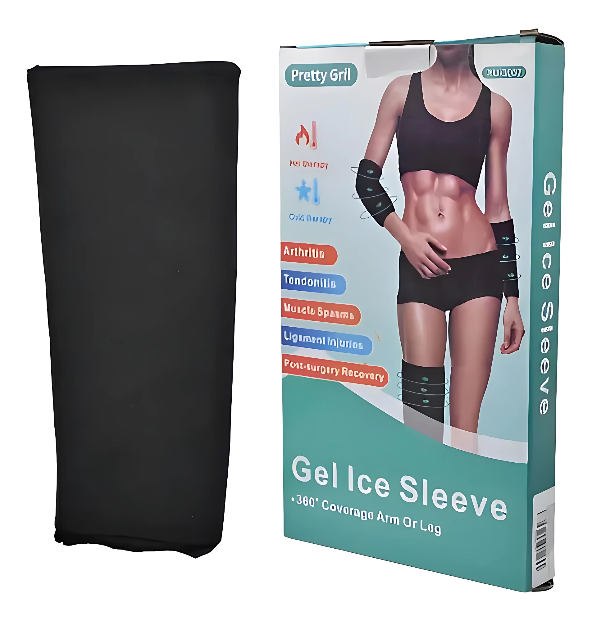 Manga de compresión con gel frío-caliente, color negro, mostrada junto a su empaque que indica uso para brazos y piernas, con de mujer usando el producto.