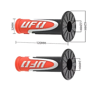 Grips de manillar UFO en goma antideslizante, color rojo y negro, con medidas de 120 mm de largo, 32 mm de diámetro y 22 mm de grosor.