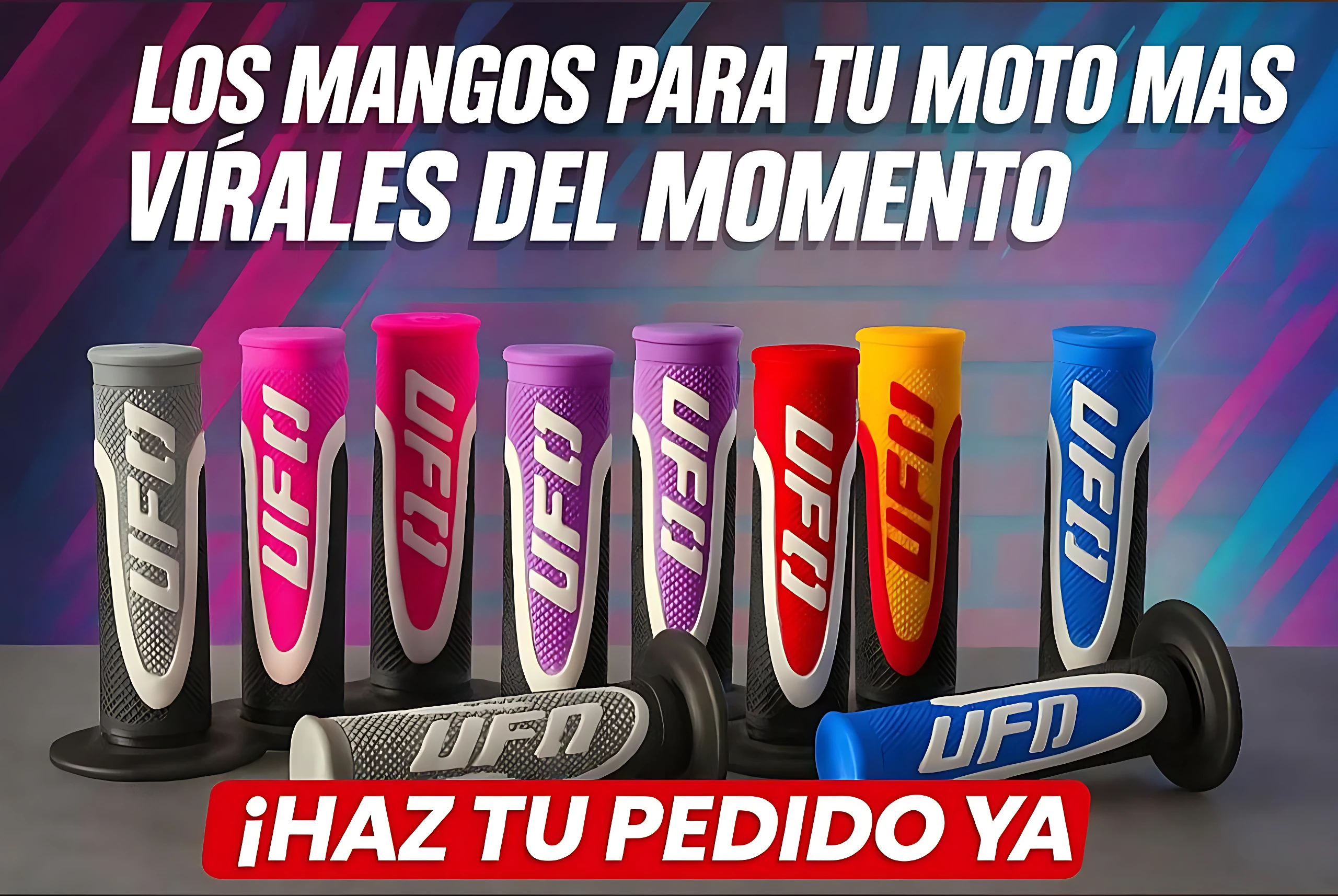 Set de dos manillar grips UFO en colores variados, goma antideslizante con diseño ergonómico para mejorar el agarre y reducir la fatiga en las manos.