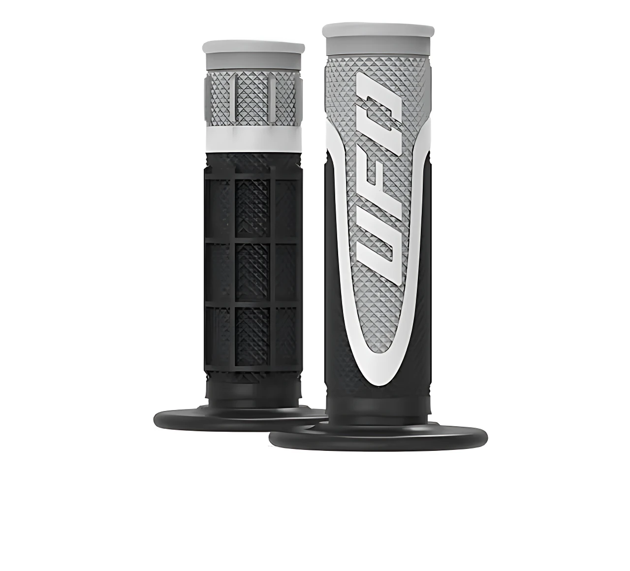 Grips antideslizantes UFO en goma, presentados en dos unidades: uno negro con textura cuadrada y otro gris con diseño de malla y logo blanco. Ideales para mejorar el agarre en manillares de bicicleta.