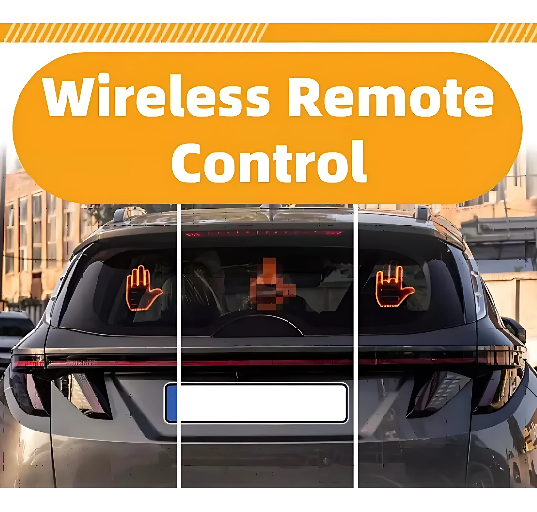 Mano LED trasera para auto, color negro con luces naranjas en forma de mano abierta y pulgar arriba, montada en ventana de vehículo.