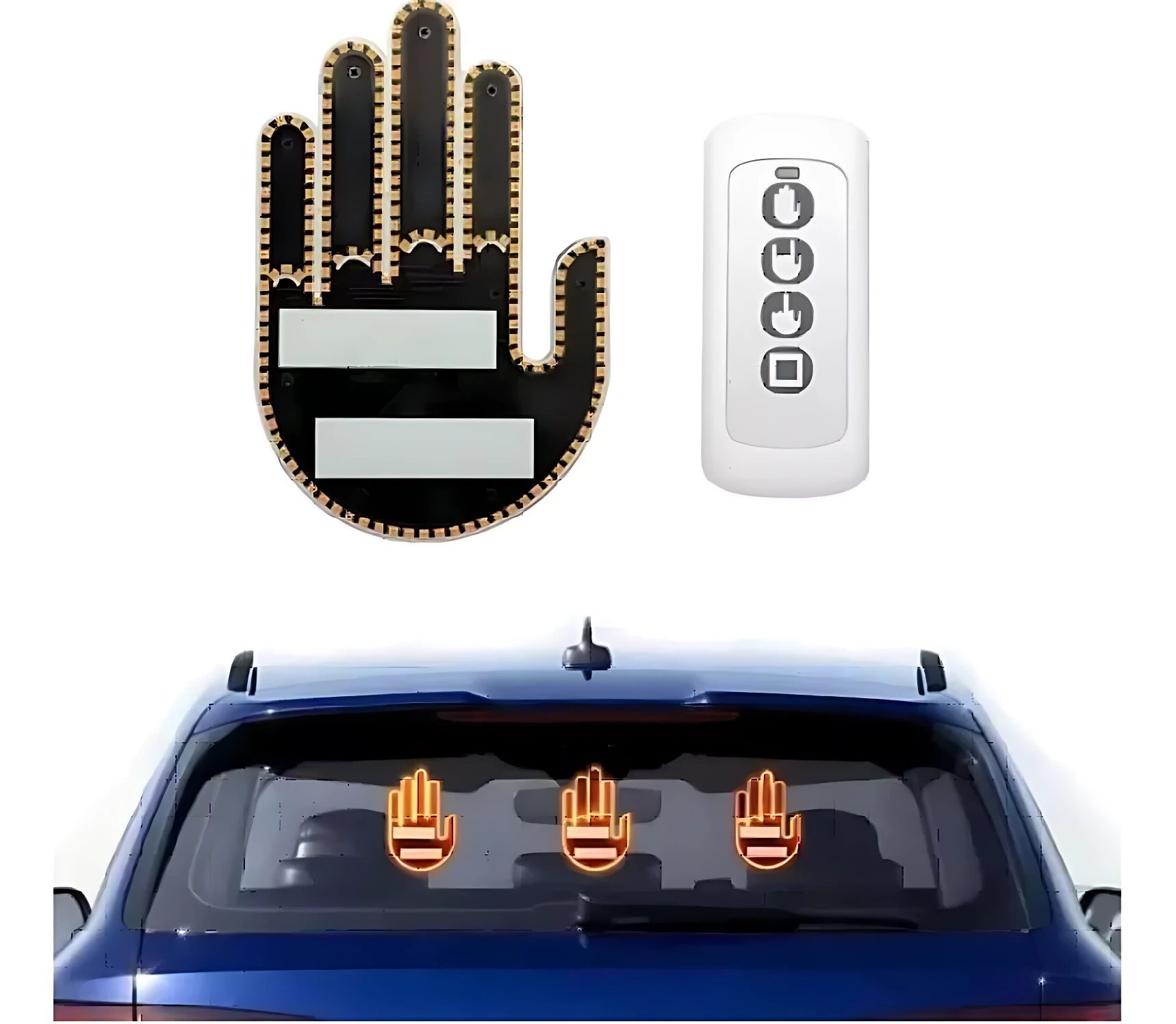 Mano LED negra con detalles dorados y dos sensores blancos, junto a su control remoto blanco. Se muestra instalada en la ventana trasera de un auto azul, con tres unidades encendidas en naranja.