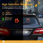 Mano LED para auto en color naranja, mostrando señal de alto en trasera de vehículo. Incluye texto sobre brillo HD y duración de batería.