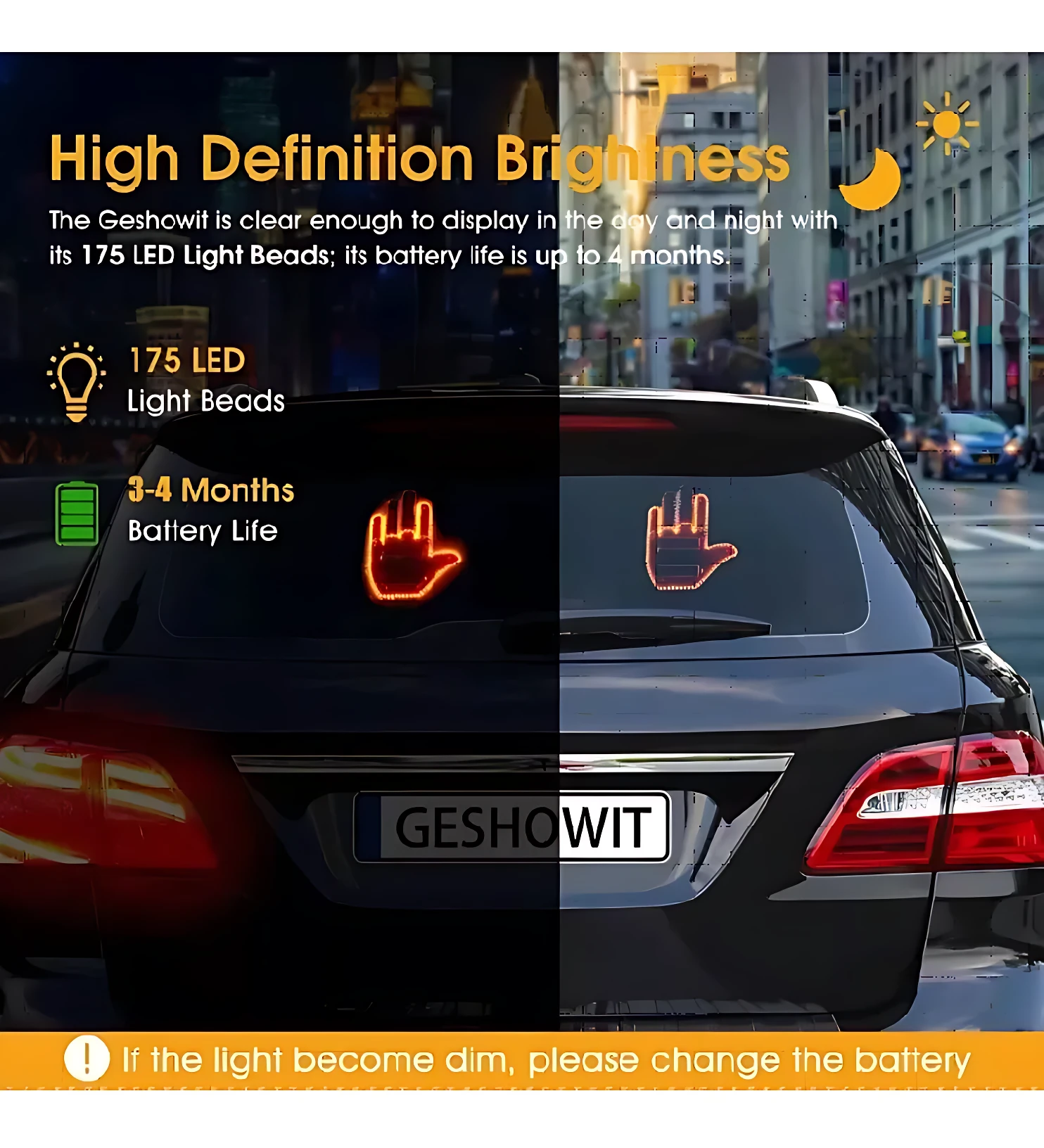 Mano LED para auto en color naranja, mostrando señal de alto en trasera de vehículo. Incluye texto sobre brillo HD y duración de batería.