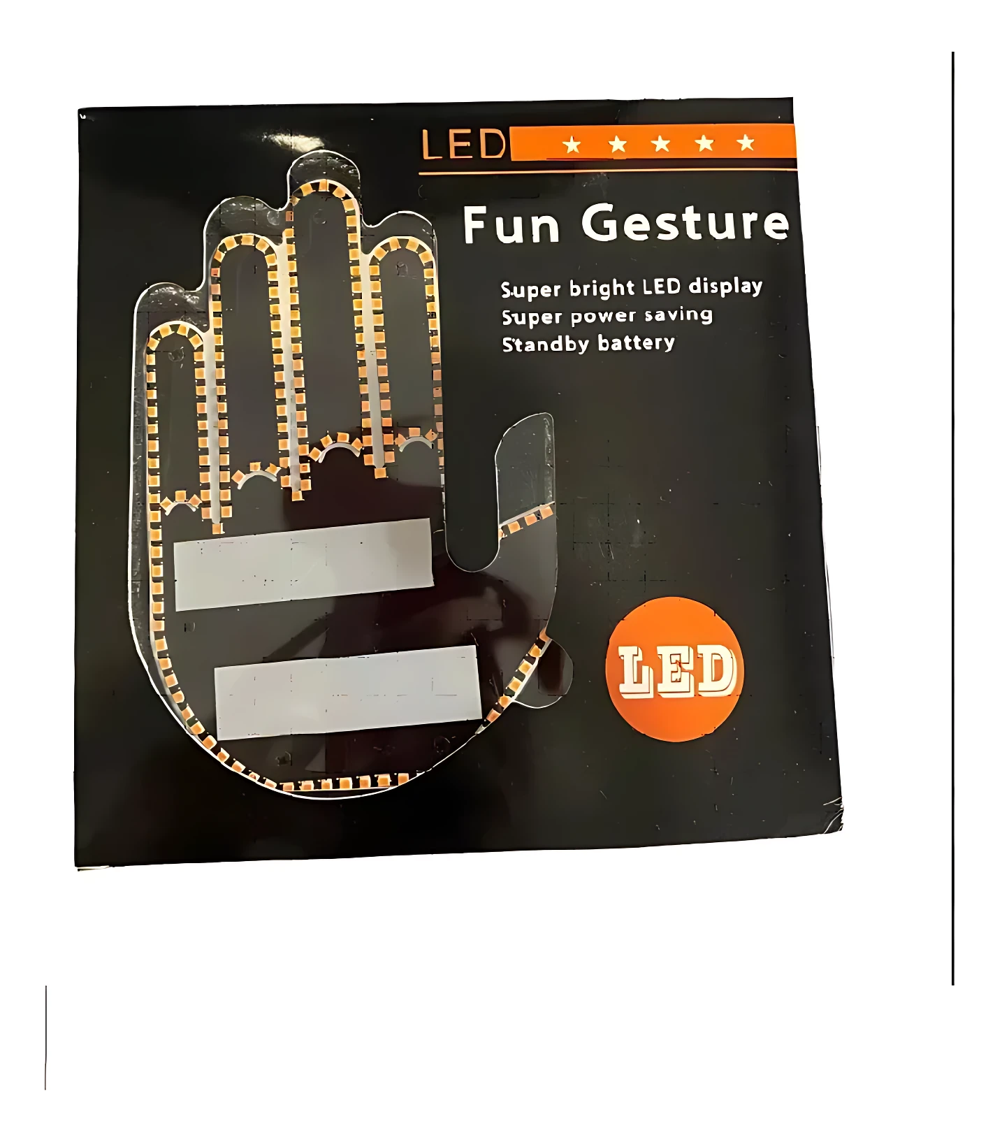 Mano LED para auto con sensores de oxígeno y pulso, en empaque negro mostrando diseño de mano con luces y etiquetas adhesivas.