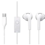 Set de audífonos blancos con cable USB-C, control remoto y dos auriculares in-ear para llamadas y música.