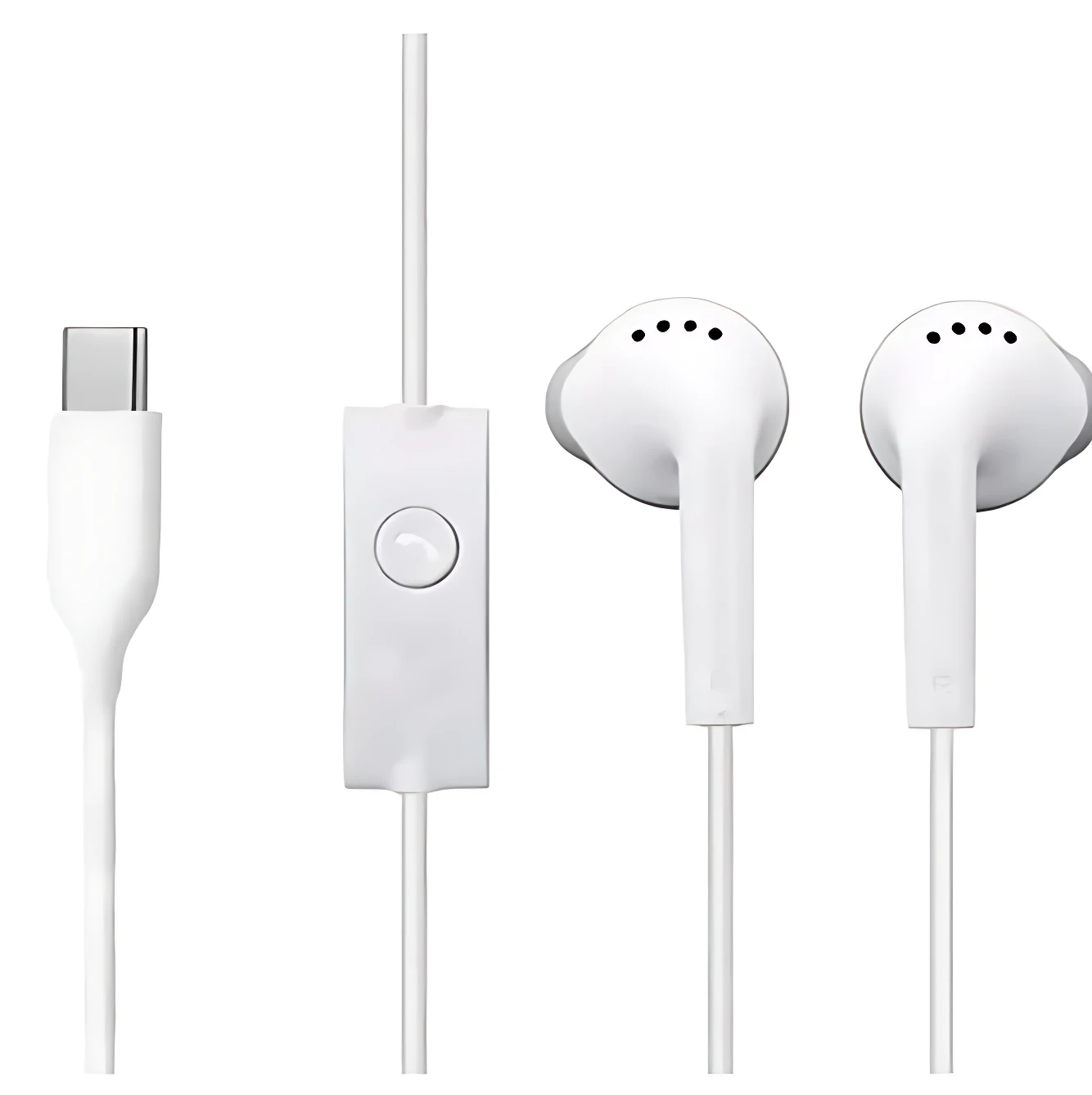 Set de audífonos blancos con cable USB-C, control remoto y dos auriculares in-ear para llamadas y música.