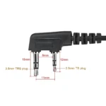 Conector de cable negro con adaptador en ángulo de 90 grados, mostrando medidas de 15mm, 12mm y 8mm para compatibilidad con micrófonos TS y TRS.