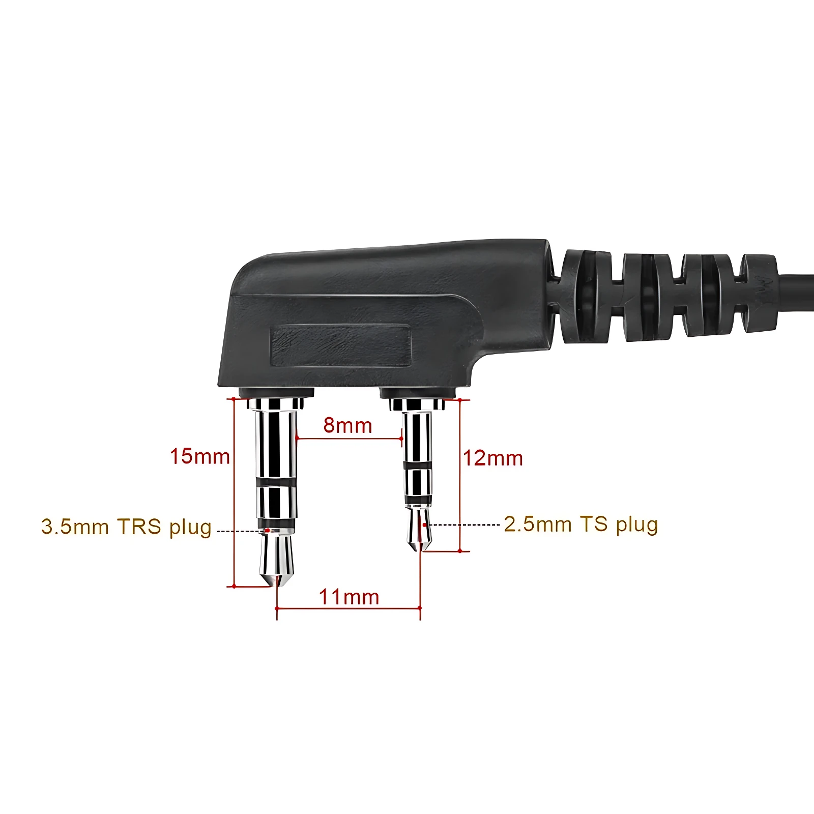 Conector de cable negro con adaptador en ángulo de 90 grados, mostrando medidas de 15mm, 12mm y 8mm para compatibilidad con micrófonos TS y TRS.