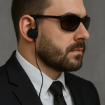 Hombre con traje negro usando manos libres para radio Baofeng, auricular en oreja izquierda y micrófono ergonómico visible en cuello.