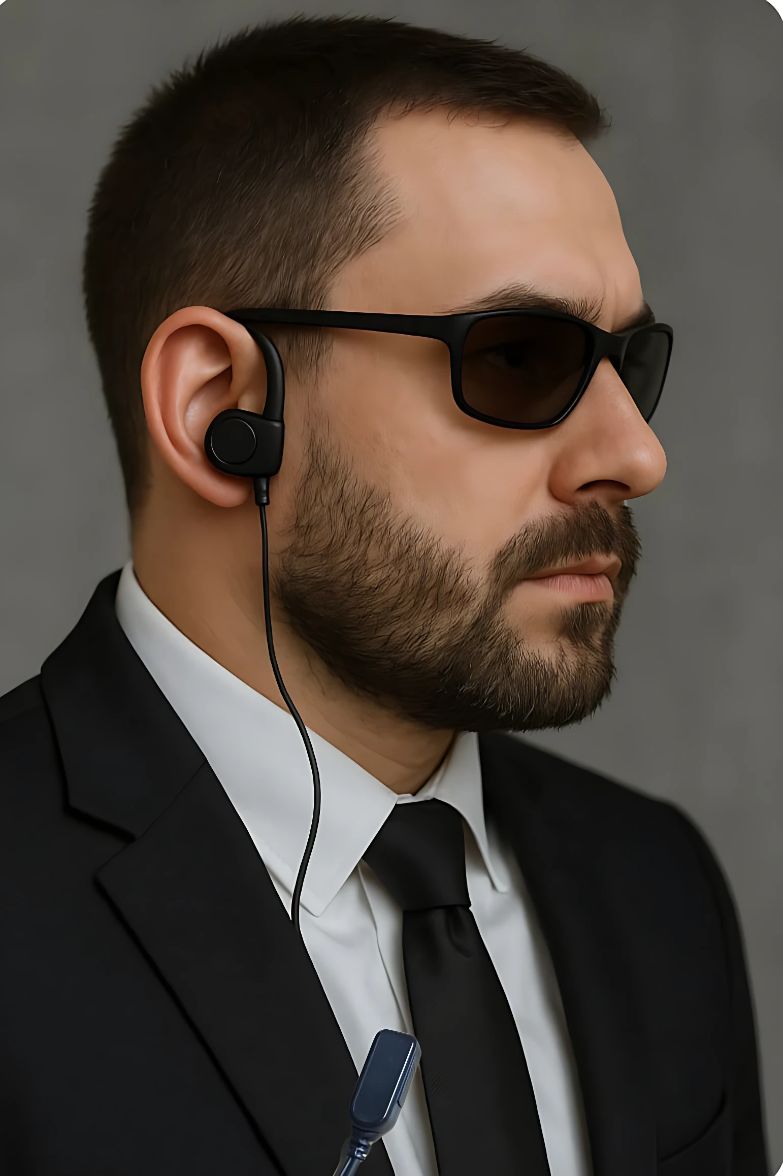 Hombre con traje negro usando manos libres para radio Baofeng, auricular en oreja izquierda y micrófono ergonómico visible en cuello.