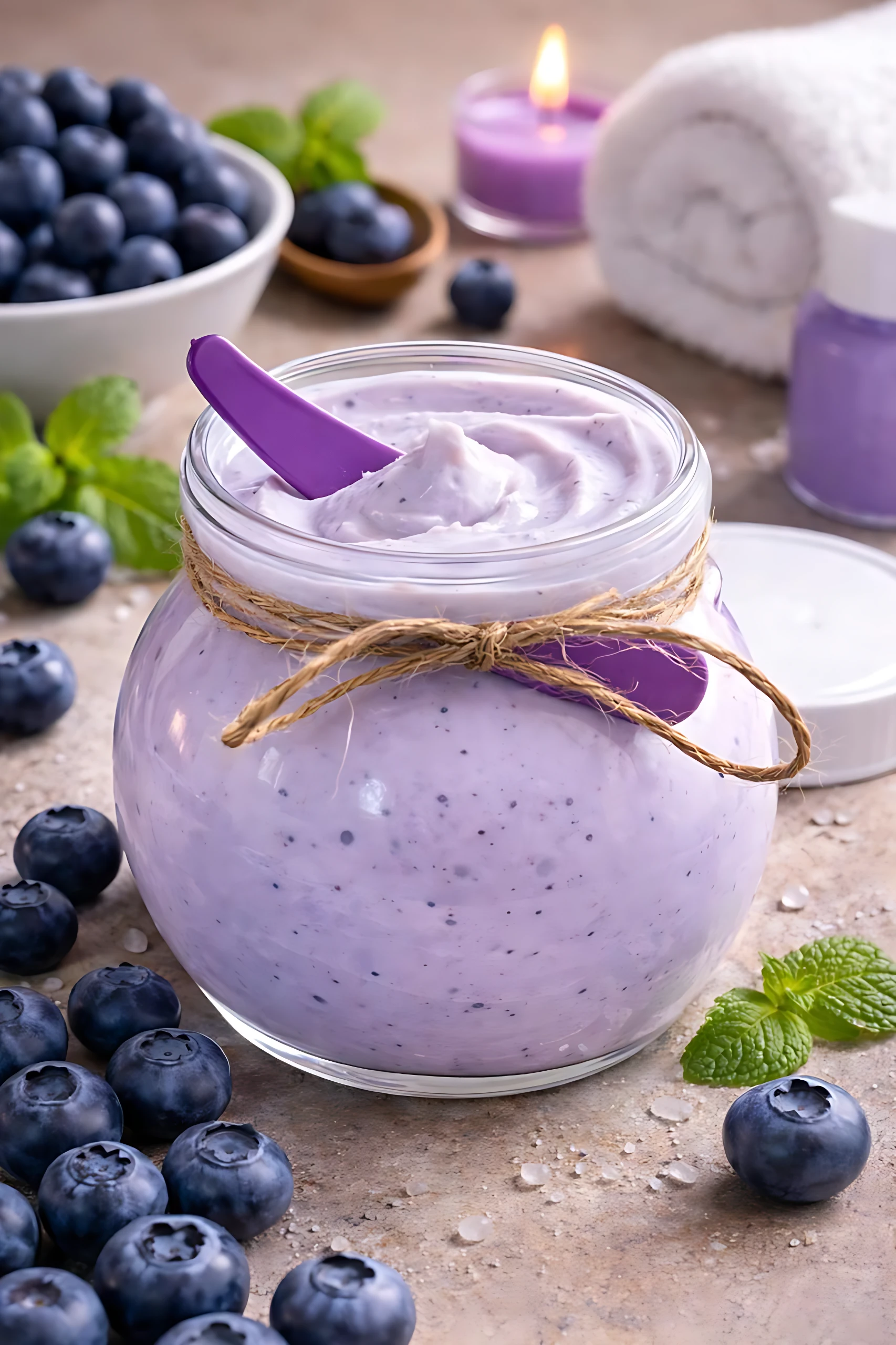 Mantequilla corporal arándanos en frasco de vidrio con tapa, textura cremosa y color lavanda, rodeada de frutos frescos y menta.