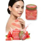 Mantequilla corporal Star Shine Sandía en frasco rosa con tapa verde, mostrando textura cremosa y rodajas de sandía, ideal para hidratación profunda.