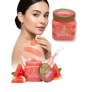 Mantequilla corporal Star Shine Sandía en frasco rosa con tapa verde, mostrando textura cremosa y rodajas de sandía, ideal para hidratación profunda.
