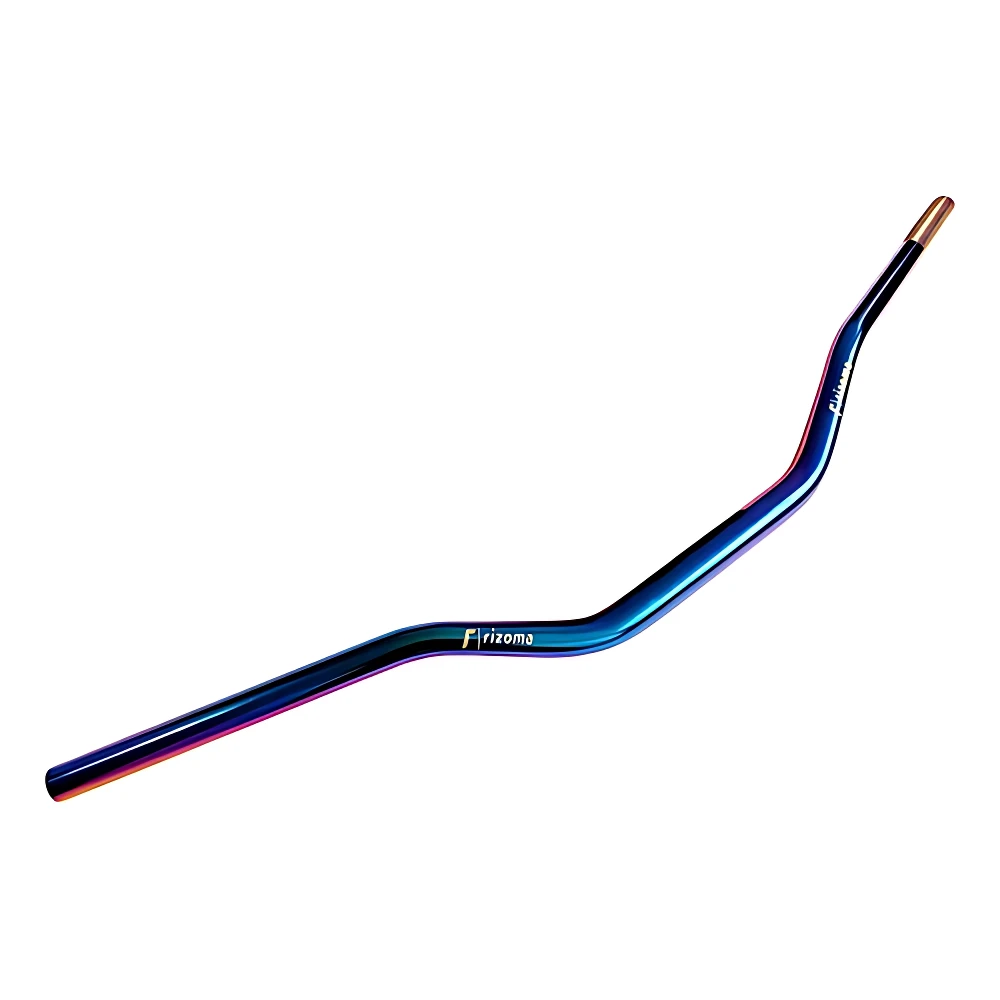 Manubrio de aluminio tornasol para motos naked, con acabado iridiscente en tonos azul y morado, diseño ergonómico y logotipo visible en el centro.