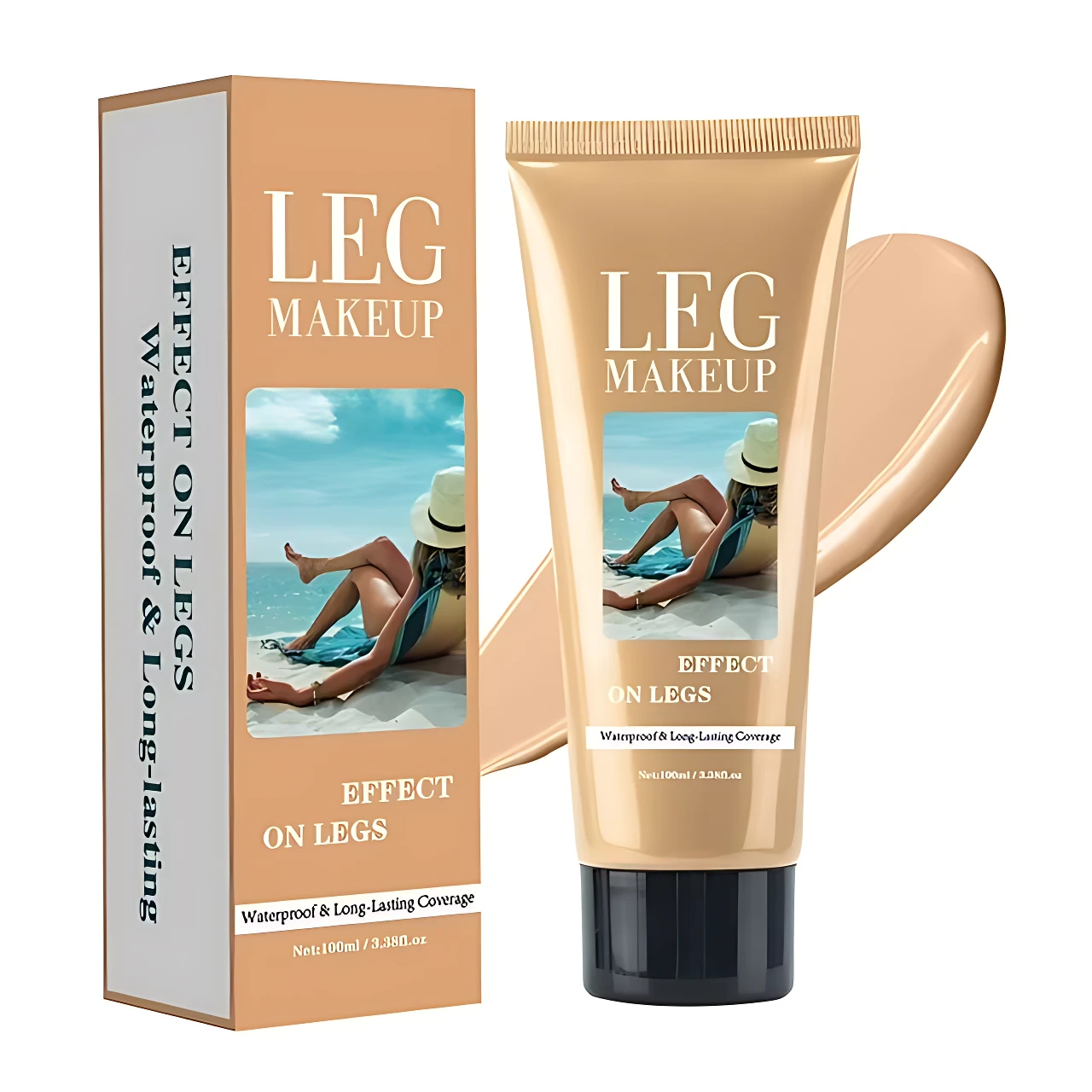 Tubo de maquillaje para piernas en tono beige, con aplicador resistente al agua. Incluye caja con de mujer en playa. Presentación de 100 ml.