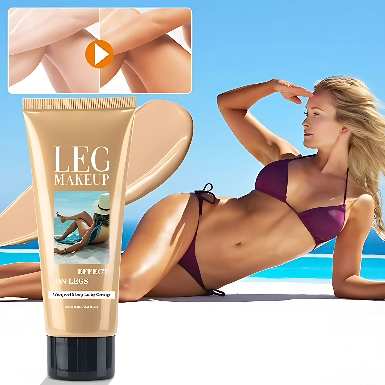 Tubo de maquillaje para piernas con aplicador, color beige, sobre fondo blanco. Muestra mujer en bikini morado bajo sol, con piel uniforme y bronceada. Incluye ventana con video de uso.