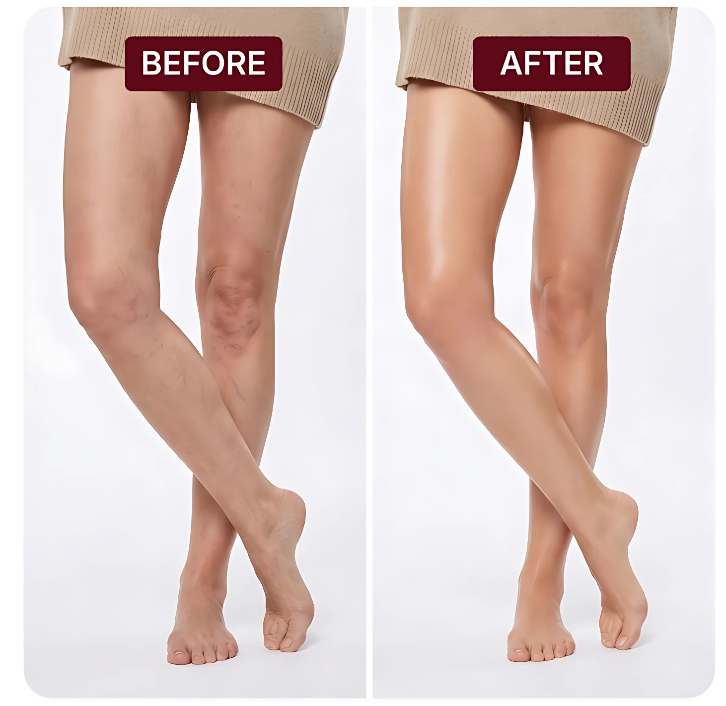 Comparativa antes y después de aplicar maquillaje para piernas con aplicador resistente al agua, mostrando uniformidad de tono y reducción de imperfecciones en piel clara.