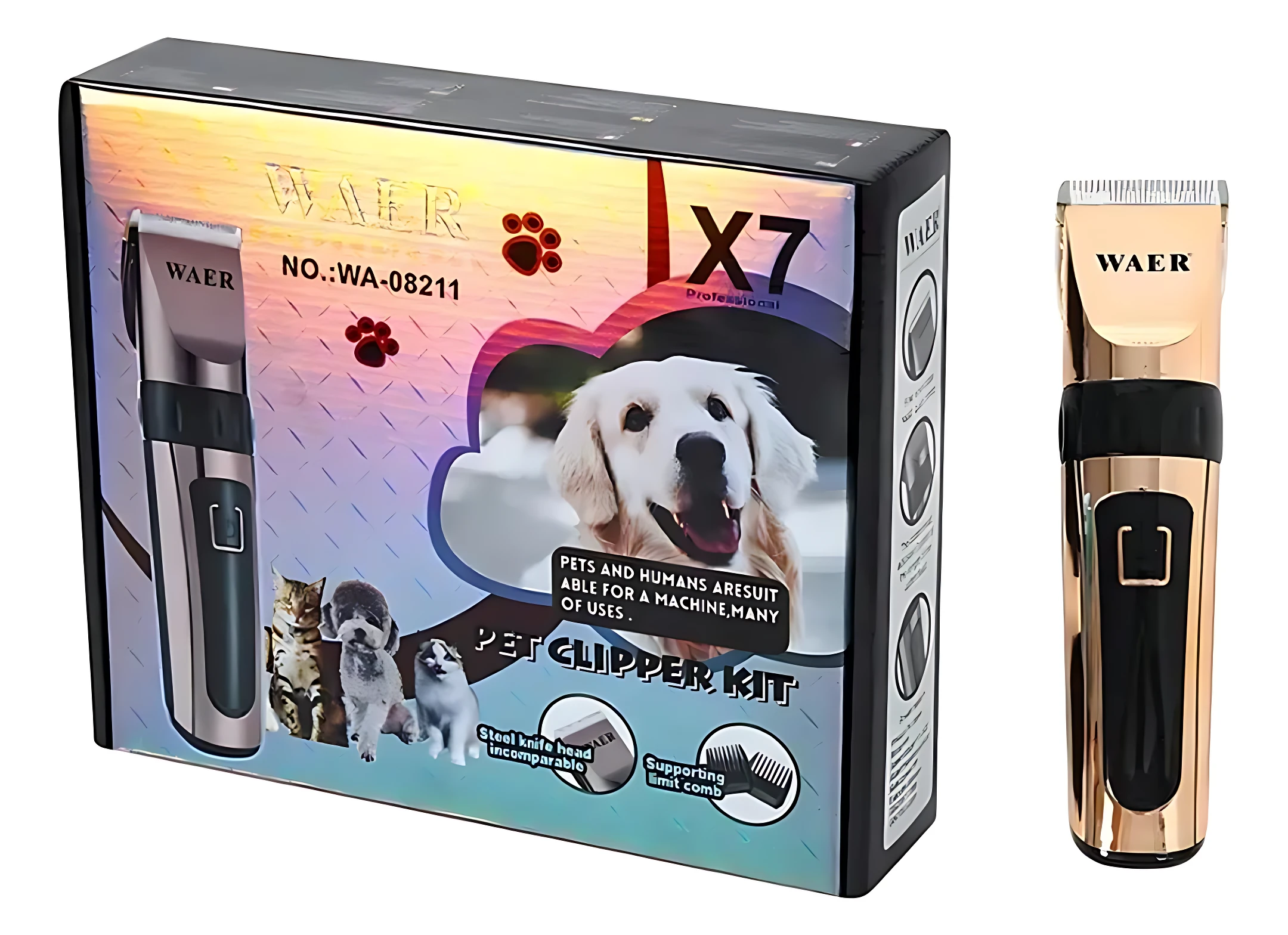 Máquina cortadora de pelo para mascotas WAER X7, color dorado con detalles negros, mostrada junto a su caja de presentación que incluye ilustraciones de perros y gatos.