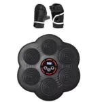 Máquina de boxeo musical con seis colchonetas negras y guantes incluidos, vista frontal con pantalla digital central.