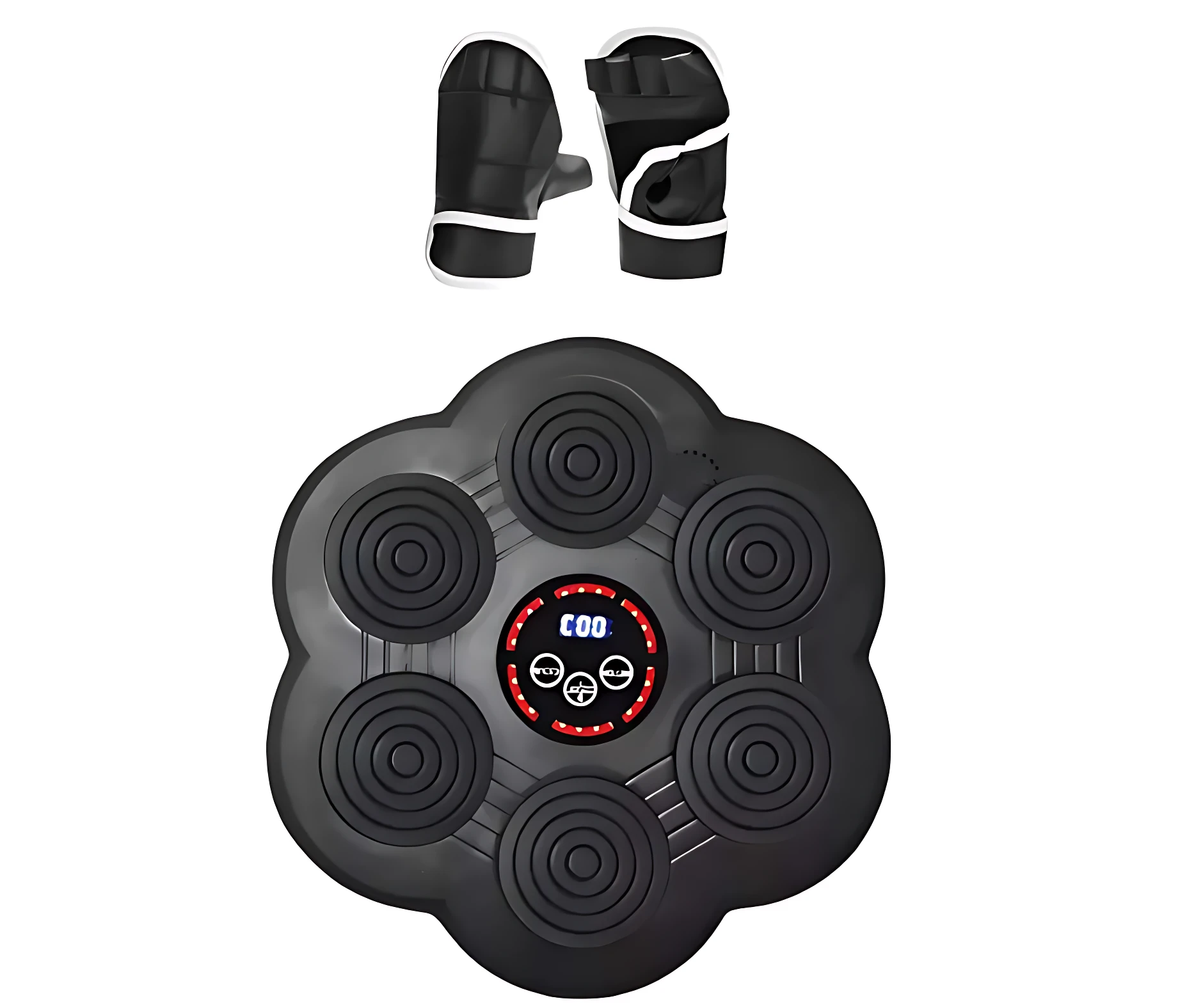 Máquina de boxeo musical con seis colchonetas negras y guantes incluidos, vista frontal con pantalla digital central.